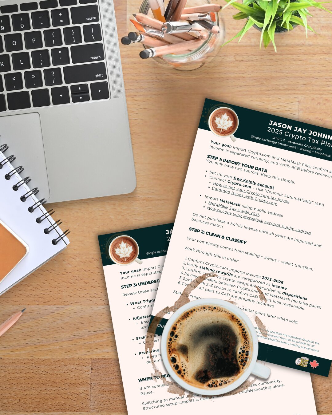 A printed personal crypto tax plan on a wooden desk, next to a laptop and a cup of coffee